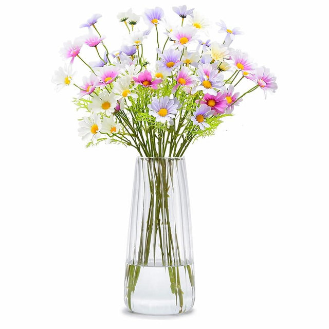 8.3in Clear Glass Vase for Flowers, Ribbed Flower Vase for Table Centerpiece Wedding Home Decor, Modern Glass Vases for Living Room, Bedroom, Dining Table, Office, Birthday Housewarming Gift (Striped)