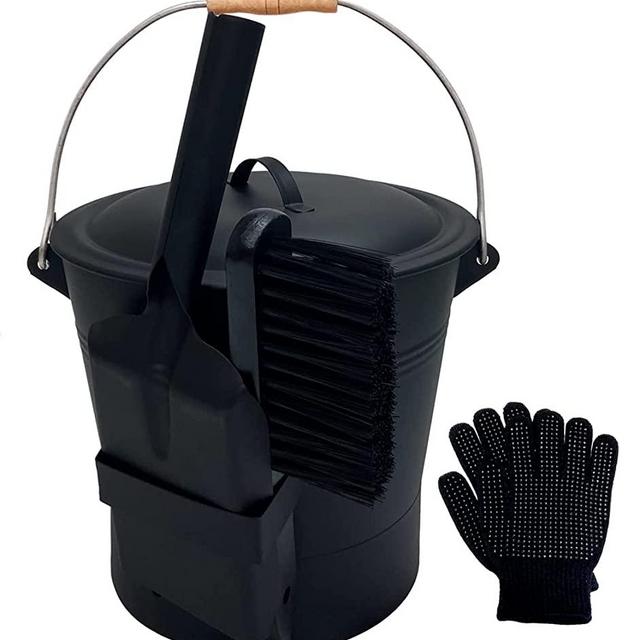 Black Ash Bucket with Lid, Includes A Firepit Shovel and Broom, 2.6 Gallon Fireplace Metal Bucket with Lid, Charcoal Bucket and Ash Can, Galvanized Iron Ash Bucket for Fireplace