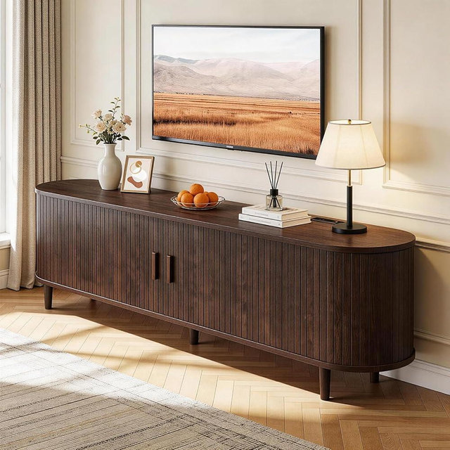 OneBlis 65" Mid Century Modern TV Stand with Power Outlet, Fluted Entertainment Center with Storage and Adjustable Shelves, Wood TV Console with Sliding Doors for Living Room, Walnut