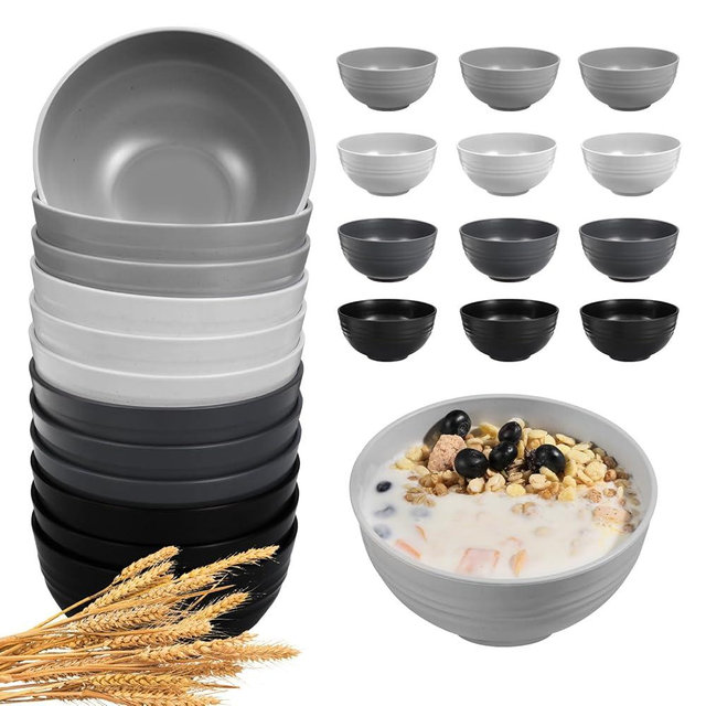 HEYCOME 12 Pcs Unbreakable Cereal Bowls Set, 26 Oz Wheat Straw Bowls Set, Microwave & Dishwasher Safe Bowls for Kitchen, Reusable Plastic Bowls for Soup, Salad and Snack, BPA Free, Multicolor