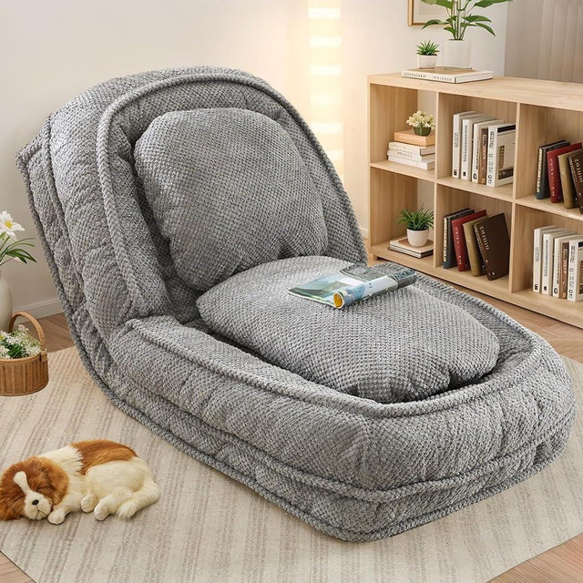 Upholstered Human Dog Bed for Adult & Pets, Convertible Lazy Sofa Bed with 5 Adjustable Position, Comfy Tatami Bean Bag Lounge Chair with 2 Soft Pillows for Bedroom Living Room Office (Gray)