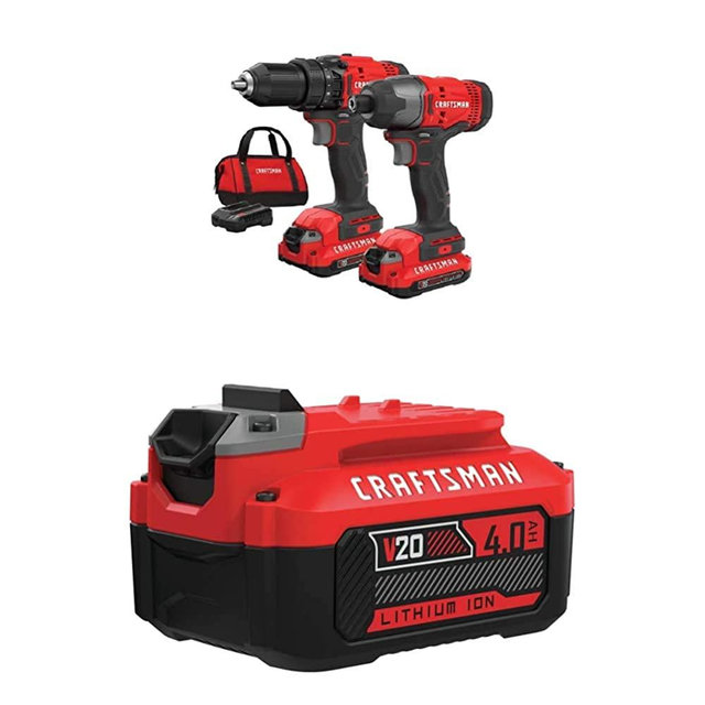 CRAFTSMAN V20* Cordless Drill Combo Kit, 2 Tool (CMCK200C2) with 20V 4AH Li-Ion Battery (CMCB204)