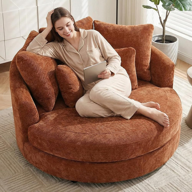 Aoiy & Wifon 59.8" W Oversized Barrel Chair, Round Accent Chair with Wheels, Extra Large Living Room Chair, Knitted Chenille, Burnt Orange