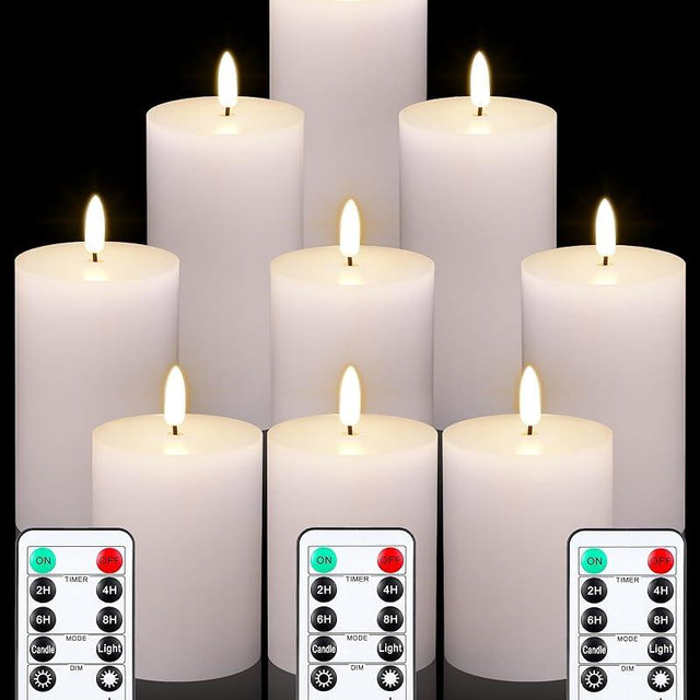 VIHOSE 9 Pack White Flameless Candles Set with Remote and Timer Flickering Flameless Battery Candles Flat Top LED Pillar for Wedding Outdoor Home Festival Decoration(D 3'' H 4'' 5'' 6'')