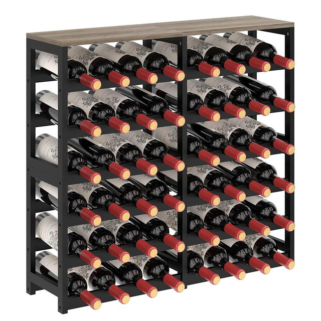 MOGELAFOO 6 Tier Bamboo Wine Rack Freestanding Floor, 48 Bottles Wine Storage Shelves with Table Top, Stackable Wine Display Rack for Kitchen, Bar, Dining Room, Ivory White and Black