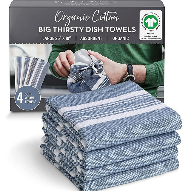 Big Thirsty Dish Towels - Organic Cotton Super Absorbent Kitchen Towels, Set of 4, Blue and White Stripe – Soft Weave Machine Washable Tea Towels - 25” x 19”