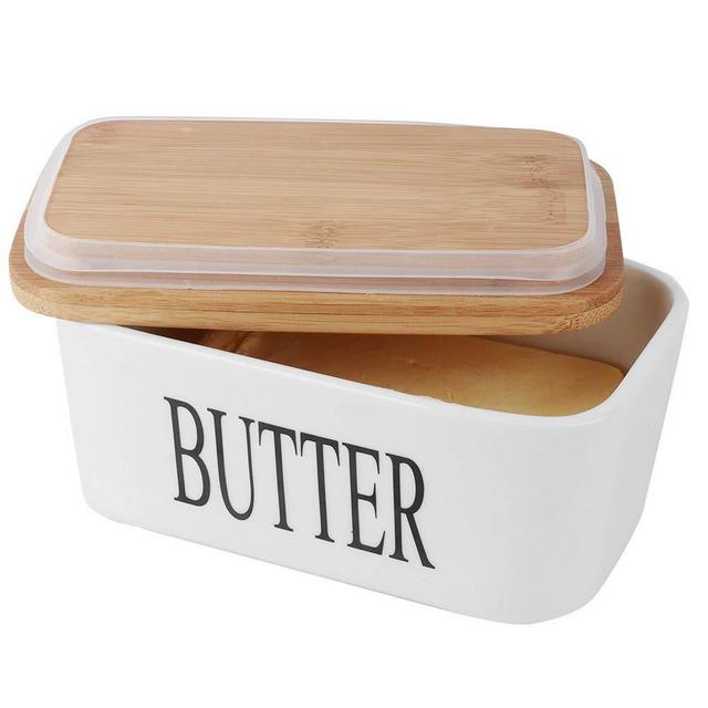 SZUAH Porcelain Butter Dish(500ml),Large Butter Keeper Container with Natural Bamboo Lid & Seal Ring.