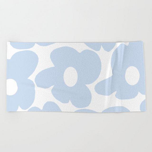 Large Baby Blue Retro Flowers White Background Beach Towel