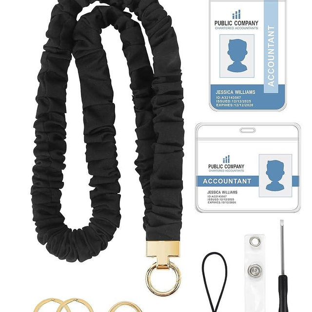 SOPHIYAYA Scrunchie Lanyard for ID Badge Holder, Cute Teacher Lanyard for Women with 2 Card Clear Badge Holder (Black)