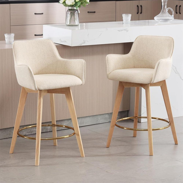 ONEVOG 26" H Classic Linen Fabric Bar Chairs Set of 2, Upholstered Swivel Counter Stools with Back for Kitchen Island, Dining Room, Pub, Sturdy Solid Wood Frame, Gold Footrest