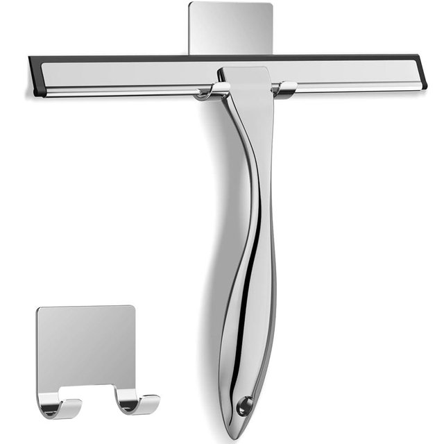 All-Purpose Stainless Steel Shower Squeegee for Shower Glass Door with Adhesive Hook, Bathroom Cleaner Tool Household Window Mirror Squeegee for Glass Doors, Cleaning Tile Wall, Car, 10 inch, Silver
