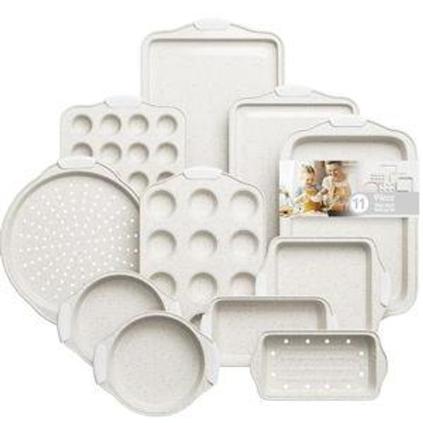 11-Piece Kitchen Nonstick Stackable Bakeware Set, Non Toxic Bakeware Sets with Silicone Handles, Includes Cookie Sheets, Cake Pan, Loaf Pan, Pizza Pan, Muffin Pan, White