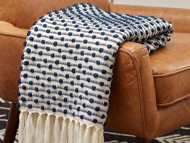 Rivet Bubble Textured Lightweight Decorative Fringe Throw Blanket, 48"W x 60"L, Navy and Cream