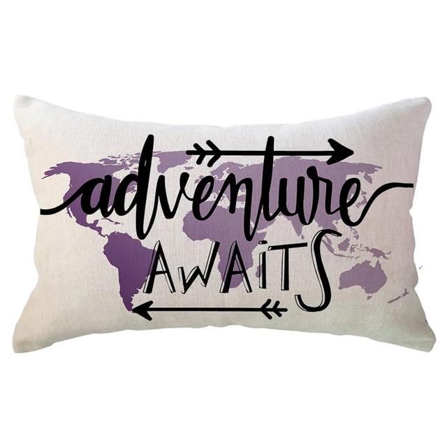 Purple World Map Adventure Lumbar Throw Pillow Cover Adventure Awaits Arrow Decor Cabin/Camper Geography Theme Decorative Rectangular/Waist Pillowcases 12 x 20 Inch for Sofa/Couch/Porch