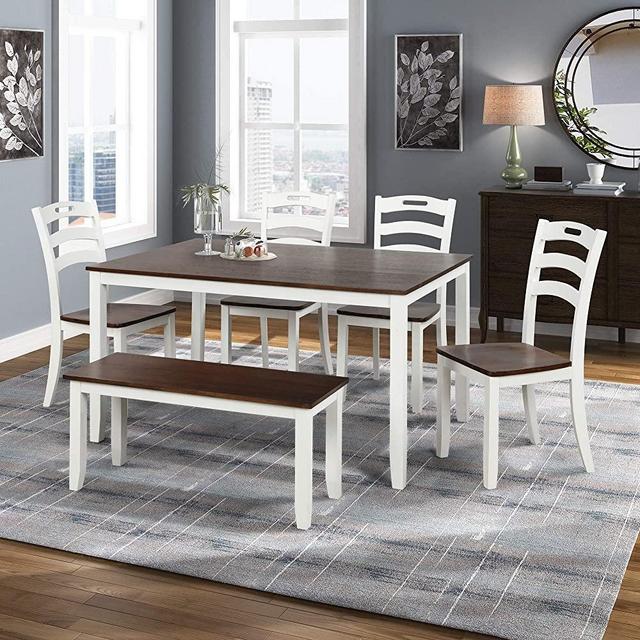 Merax Dining Table Sets, 6 Piece Wood Kitchen Table Set, Home Furniture Table Set with Chairs & Bench (White + Cherry)