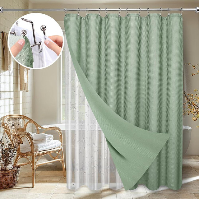 LaCyan Shower Curtain Set with Fabric, Clear Liner, and 12 Stainless Steel Hooks - Waffle Texture for Bathroom