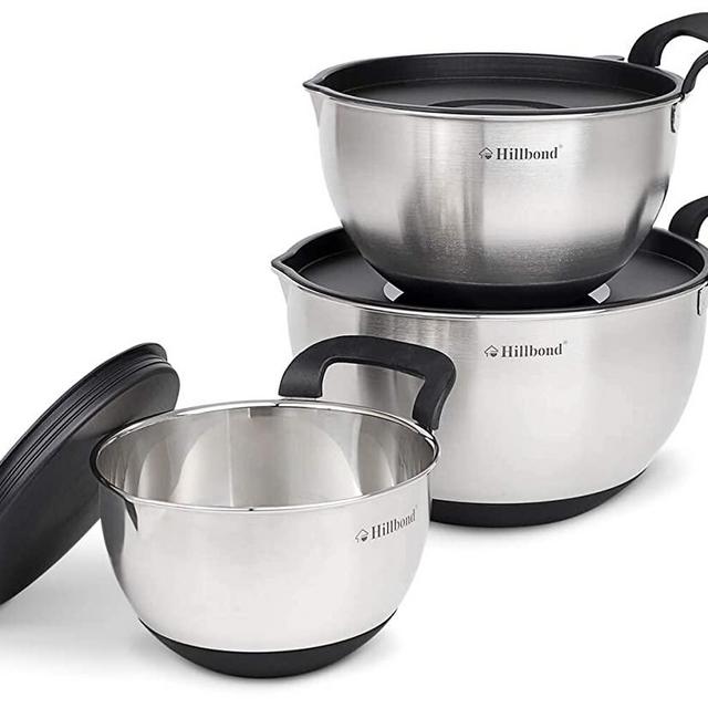 Hillbond Mixing Bowls Set: Stainless Steel Nesting Bowls with Pour Spout, Handle and Lid for Cooking Baking Set of 3-1.5QT, 3QT, 5QT (Black)