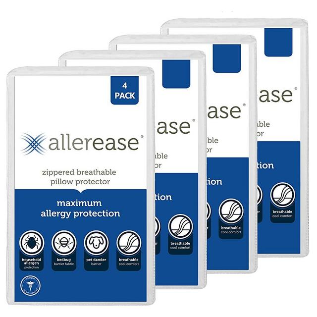Aller-Ease Maximum Allergy Pillow Protector King, 4-Pack – Hypoallergenic Pillowcase, Zippered Design Prevents Collection of Bedbugs and Allergens, Machine Washable, 4 Pack, White