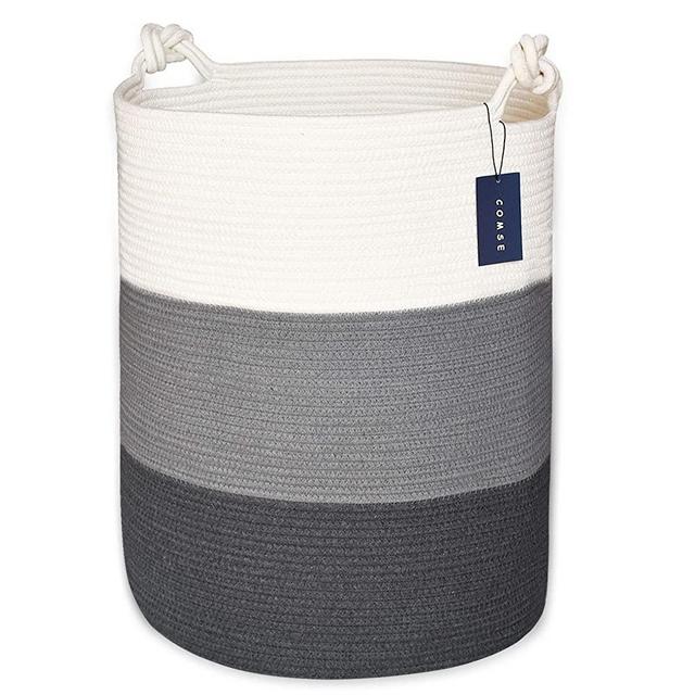 COMSE Extra Large Blanket Basket, High Storage Basket, Tall Rope Laundry Basket, 15.7”x 21.7”, Cotton Rope Basket, XXXL Laundry Basket, Toy Basket, Woven Basket, Clothes Baskets,White/Gray