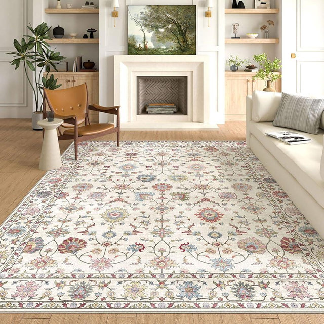LUXRUG Washable Area Rug 8x10 - Large Cream Colorful Boho Rugs for Living Room Soft Vintage Bedroom Rug Ultra-Thin Traditional Floral Carpet Stain Resistant Rug for Dining Room Guest Room Home Decor