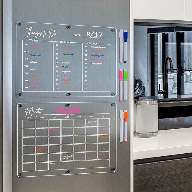 Blue Violet Acrylic Calendar for Fridge, Clear Set of 2 Magnetic Calendar for Refrigerator 16”x12”, Dry Erase Magnetic Fridge Calendar and Weekly Planner Board, Scratch Free, Includes 6 Markers