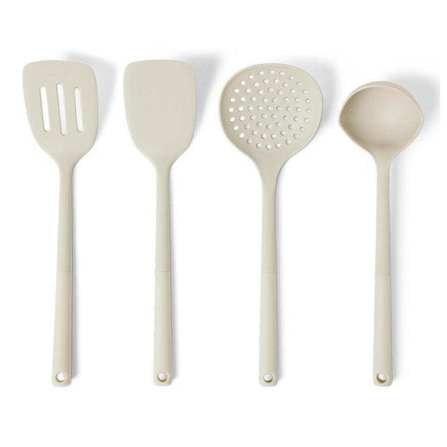 Amazon Basics Silicone Cooking Spoon and Ladle Set, 4-Piece Set, Soft Grip Handle, BPA-Free, Dishwasher-Safe, Linen Gray