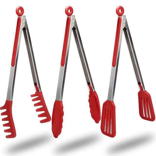 HST Tongs for Cooking with Silicone Tips(3 Pack), Non Stick Kitchen Tongs with Silicone Tip for Cooking BBQ Baking (12", Red)