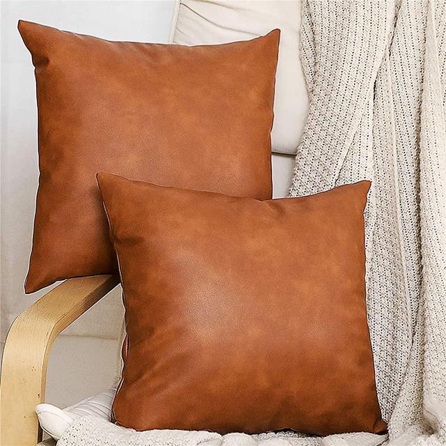 SEEKSEE 2-Pack Faux Leather Accent Throw Pillow Cover 18x18 inch, Modern Country Farmhouse Style Pillowcase for Bedroom Living Room Sofa Brown Pillows.