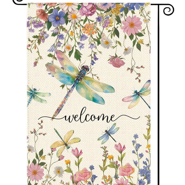 Tikeciti Spring Summer Dragonflies Wildflowers Welcome Garden Flag 12 x 18 Inch Double Sided, Watercolor Floral Burlap Small Yard Flag Holiday Farmhouse Flags for Patio Outdoor Outside Decoration