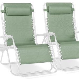 Best Choice Products Set of 2 Extra Wide Adjustable Steel Mesh Zero Gravity Lounge Chair Recliners w/Pillows and Cup Holder Trays - Sage Green/White