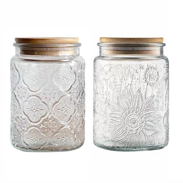 ANSQU Vintage Glass Jars Set Canister Airtight Storage Jar Container with Bamboo Wooden Lid for Kitchen Counter, Pantry, Coffee, Tea, Sugar, 2 Pack 23.7 FL oz