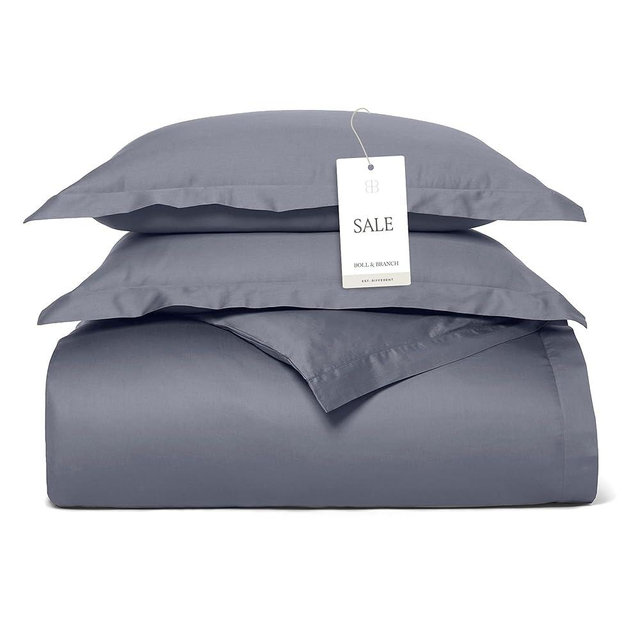 BOLL & BRANCH Percale Hemmed Duvet Set - King/Cal King, Mineral - Luxury 100% Organic Cotton - 1 Duvet Cover, 2 Shams - Crisp, Naturally Cooling Weave