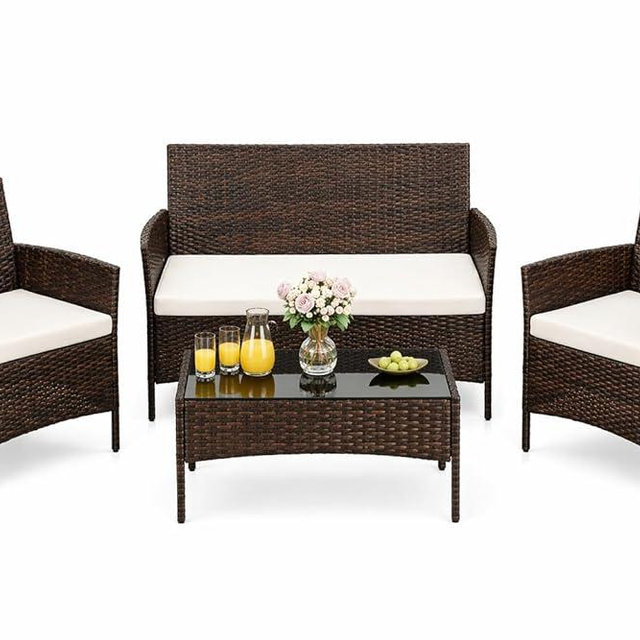 4-Piece Patio Furniture Set, Outdoor Wicker Furniture with Coffee Table, Modern Rattan Chairs Conversation Set, Weather-Resistant, Outdoor Indoor Use Backyard Porch Garden Poolside Balcony,Brown&Beige