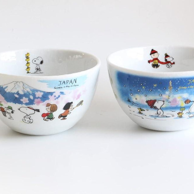 シミズ陶業(Shimizutougyou) Shimizu Pottery Japan Snoopy Bowl, Set of 2, White