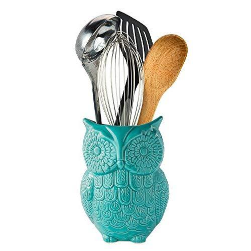 Comfify Owl Utensil Holder Decorative Ceramic Cookware Crock & Organizer, in Lovely Aqua Blue Color - Utensil Caddy and Perfect Kitchen Ceramic Décor Gift - 5” x 7” x 4” Size