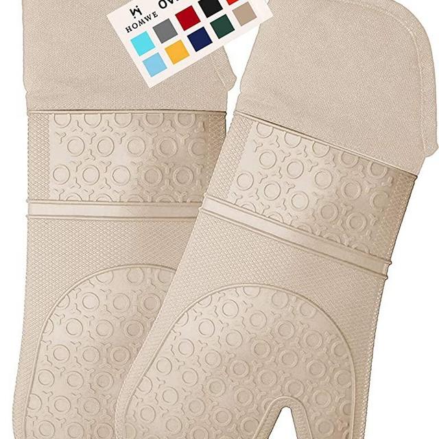 HOMWE Extra Long Professional Silicone Oven Mitt, Oven Mitts with Quilted Liner, Heat Resistant Pot Holders, Flexible Oven Gloves, Beige, 1 Pair, 14.7 Inch