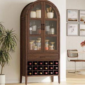 71" Tall Arched Bar Cabinet With Detachable Wine Rack, Storage Display Cabinet, Farmhouse Storage Bookcase - Brown