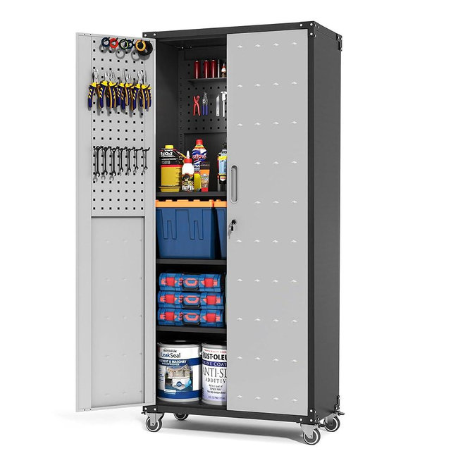 BIZOEIRON Garage Metal Storage Cabinet with Pegboard, 71'' Tall Storage Cabinet with Adjustable Shelves and Doors, Rolling Tool Cabinet on Wheels for Garage, Utility Room (Black & Grey)