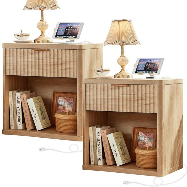 LEYAOYAO Fluted Farmhouse Nightstand Set of 2 with Charging Station, 23" Wide 1 Drawers End Table,Natural Dresser for Bedroom,Bed Side Table Chest of Drawers Cabinet,Wood Night Stand for Living Room
