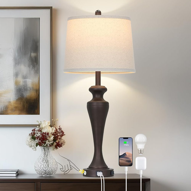 CINSARY 30 Inch Tall Brown Table Lamp Single, Touch Control Living Room Lamp with USB A+C Ports and AC Outlet, 3-Way Dimmable Bedside Lamps for Nightstand, Modern Metal Bedroom Lamps for End Table