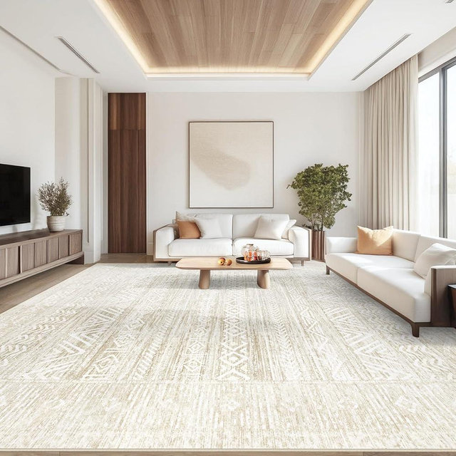 Living Room Rugs 9x12: Washable Moroccan Geometric Boho Rug Farmhouse Non Slip Stain Resistant Large Rug Low Pile Soft Carpet for Bedroom Dining Room Kids Room (Ivory Beige,9'x12')