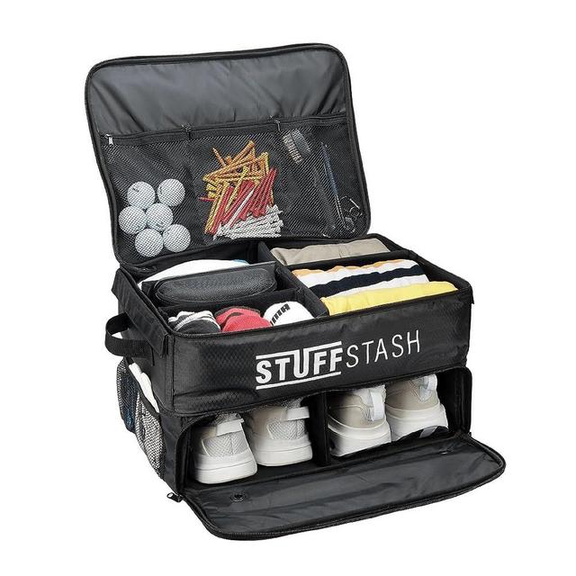 StuffStash 2 Layer Golf Trunk Organizer, Strong and Durable with Separate Ventilated Compartment for 2 Pairs of Shoes, Car Trunk Storage for Balls, Tees, Clothes, Gloves, Accessories, Golf Gifts
