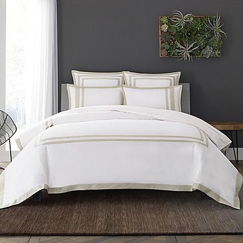 Wamsutta® Hotel Border MICRO COTTON® King Duvet Cover Set in White/Taupe