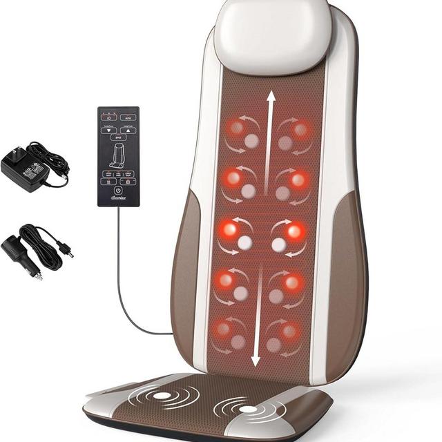 comrelax Shiatsu Back Massager with Heat, Massage Chair Pad Seat Cushion for Stress Relief, Deep Tissue Kneading & Roller, 2 Vibration Motors, Back Waist Hip Massager, PU Leather, with 2 Adapters