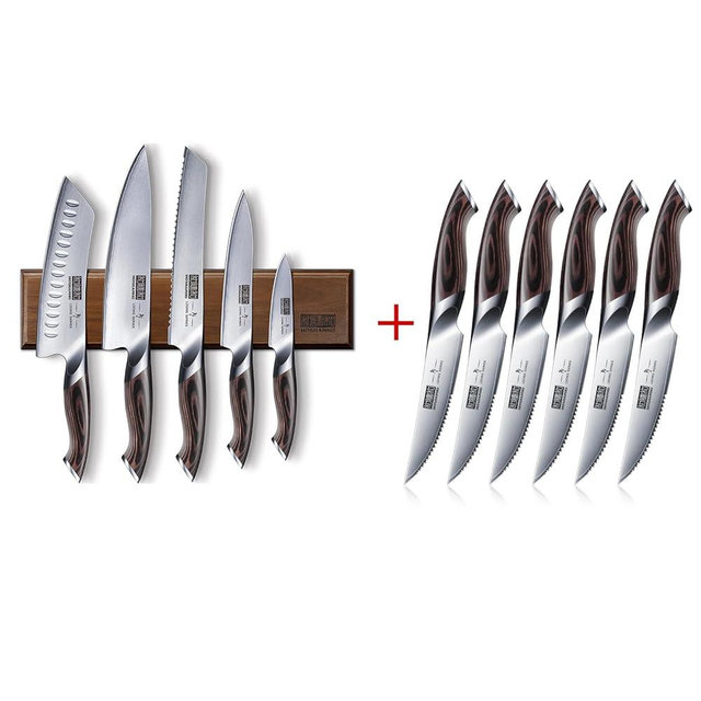 HOSHANHO Knife Set with Magnetic Knife Holder, 6 Pieces Japanese German High Carbon Steel Kitchen Knife Set Steak Knives Set of 6, 4.5 Inch Ultra Sharp Serrated Steak Knife Set