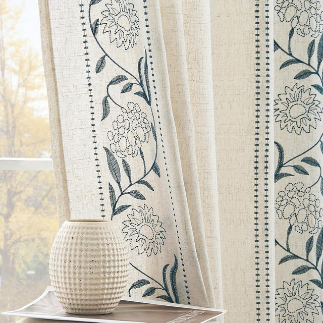 jinchan Winslow Linen Curtains for Bedroom 63 Inches Length Embroidered Bordered Floral Curtains for Living Room Farmhouse Decor Light Filtering Window Treatments Blue on Beige Drapes 2 Panels