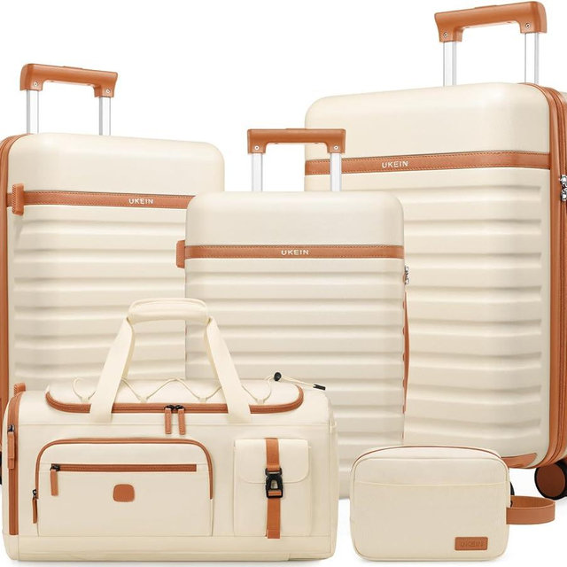 UKEIN Luggage Sets 5 Piece,Polycarbonate Hardside Carry On Suitcase Set with Spinner Wheel TSA Lock, Suitcase set with Travel Bag for Women Men (Beige, 5 piece set)