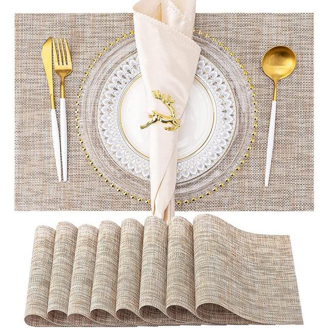 HGMO Placemats, Set of 8 Heat Resistant Stain Resistant Anti-Water Non-Slip Placemats for Dining Table, Washable Durable PVC Place Mats Weave Vinyl Table Mats(Caramel)