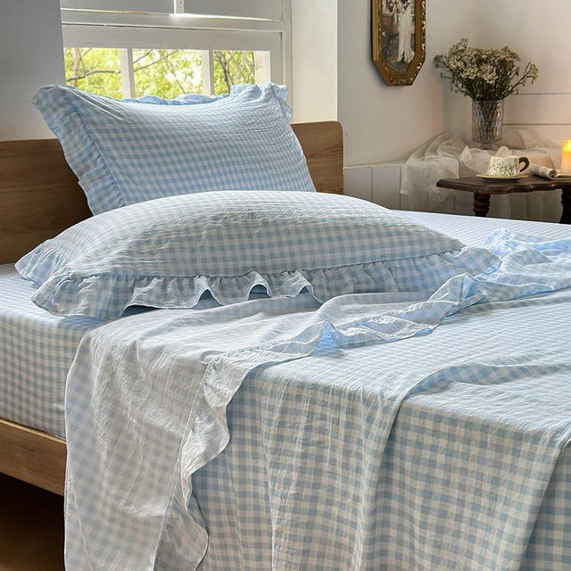 NSNLGSGC Light Blue Gingham Ruffle King Sheet Set, Blue Soft Pre-Washed Microfiber Plaid King Bed Sheets, 4-Pieces Farmhouse Sheet Set with Deep Pocket