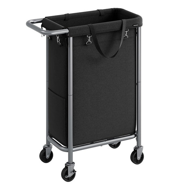 SONGMICS Laundry Basket with Wheels, Rolling Laundry Hamper, 23.8 Gallons (90L), Removable Liner, Steel Frame with Handle, Blanket Storage, 24 x 11.4 x 31.9 Inches, Ink Black URLS003B01